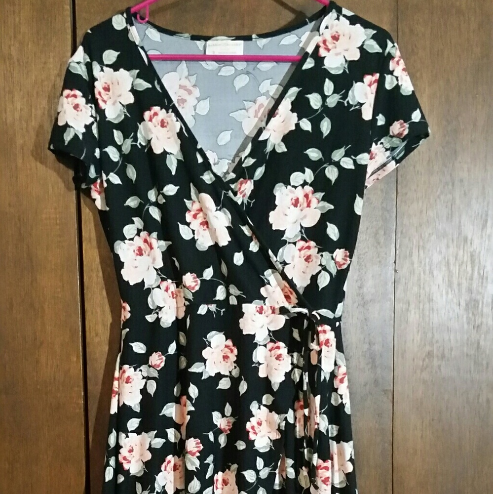 Black & Peach Floral Wrap Dress